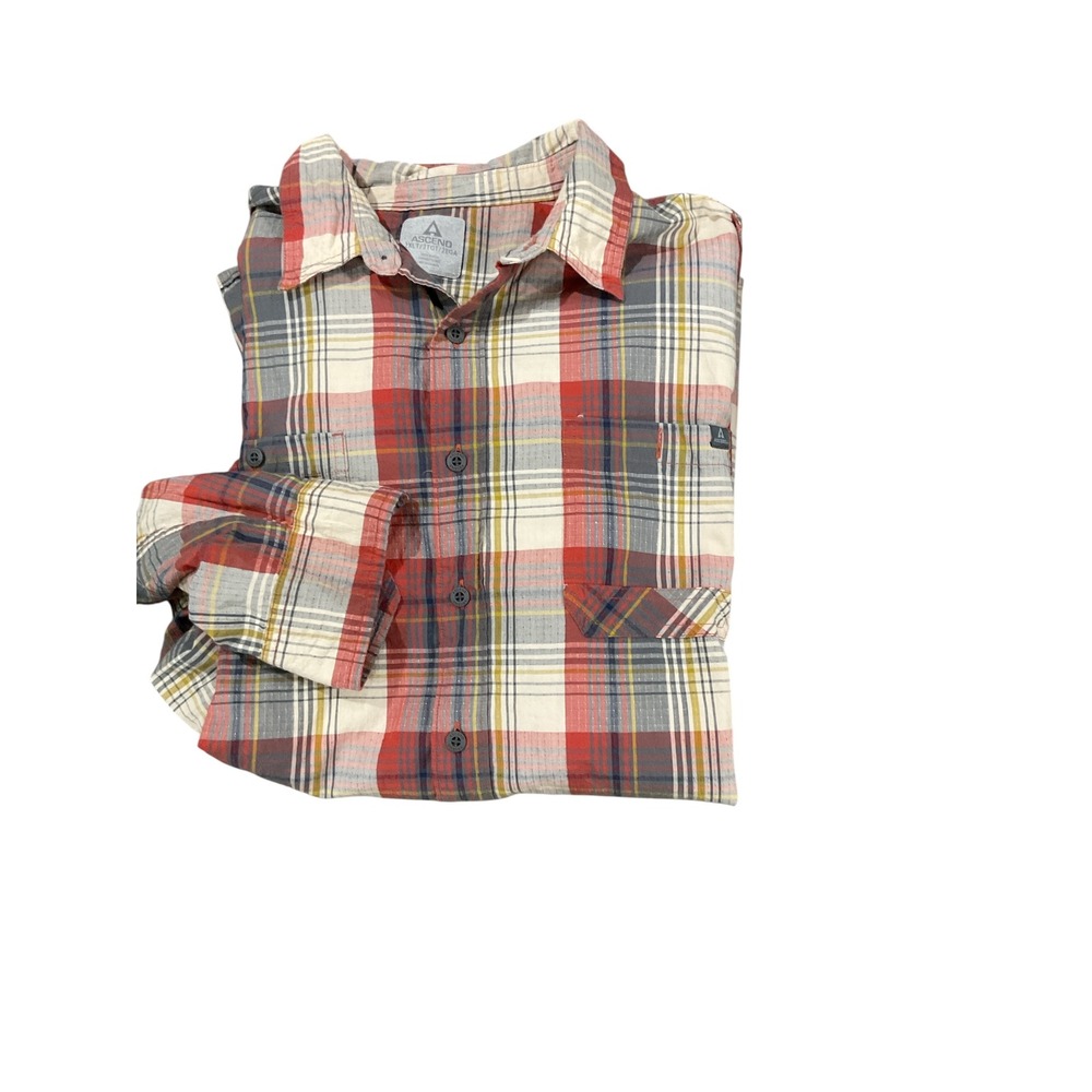 ASCEND Mens 2XLT Plaid Long Sleeve Button Up Shirt Red Gray Casual Outdoor